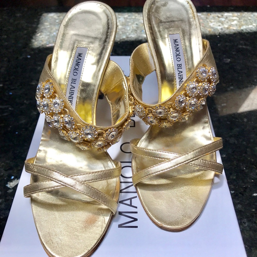 Manolo Blahnik Gold Jewel Sandals